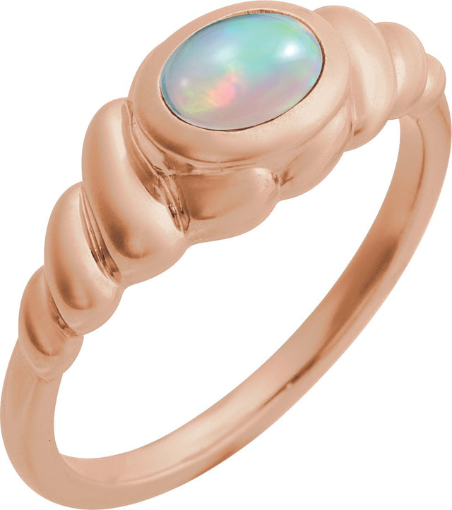 14K Gold Oval Natural Ethiopian Opal Bezel-Set Puffed Cabochon Ring - Rose Gold