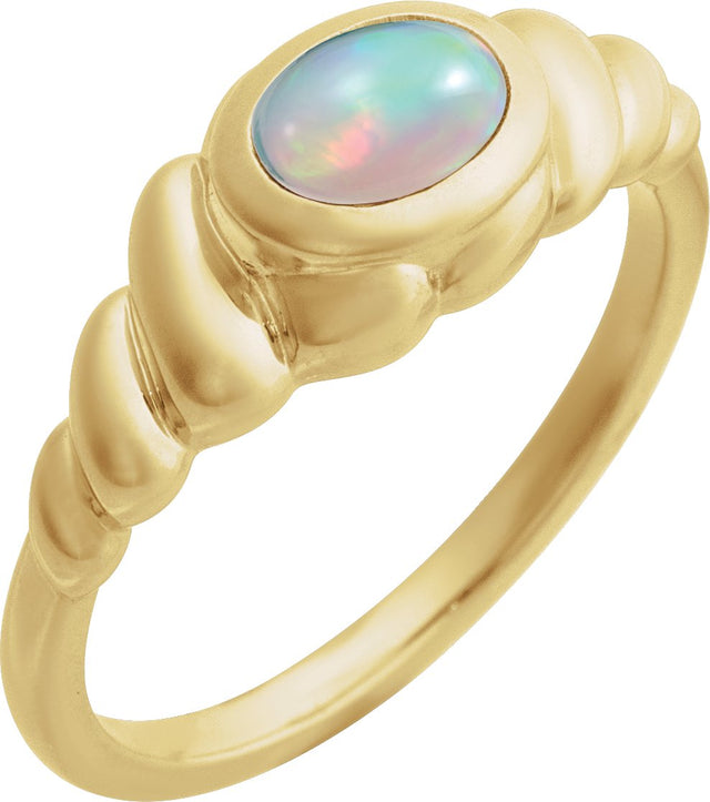 14K Gold Oval Natural Ethiopian Opal Bezel-Set Puffed Cabochon Ring - Yellow Gold