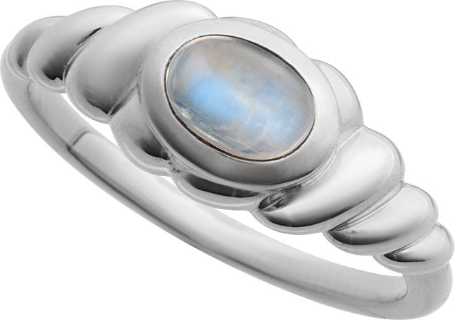 14K Gold Oval Natural Rainbow Moonstone Bezel-Set Puffed Cabochon Ring - White Gold - view 4