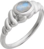 Platinum Oval Natural Rainbow Moonstone Bezel-Set Puffed Cabochon Ring