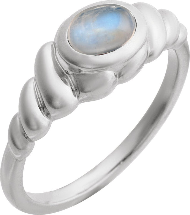 14K Gold Oval Natural Rainbow Moonstone Bezel-Set Puffed Cabochon Ring - White Gold