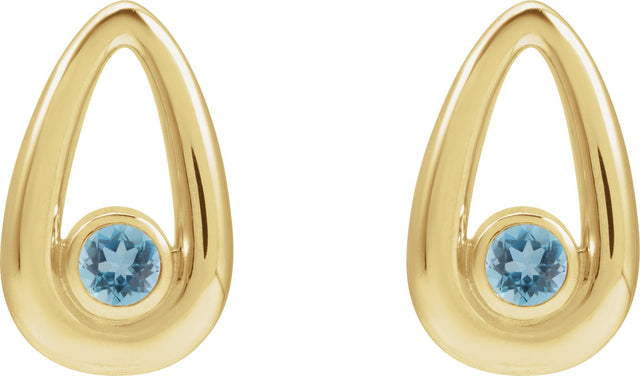 14K Gold Round Natural Aquamarine Geometric Earrings - Yellow Gold - view 2