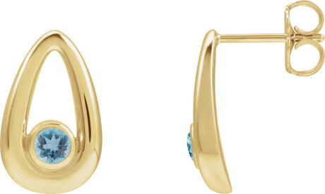 14K Gold Round Natural Aquamarine Geometric Earrings - Yellow Gold