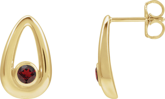 14K Gold Round Natural Mozambique Garnet Geometric Earrings - Yellow Gold