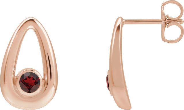 14K Gold Round Natural Mozambique Garnet Geometric Earrings - Rose Gold