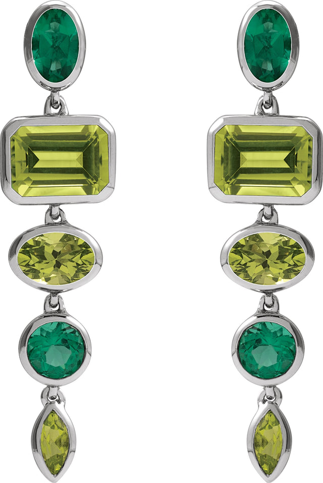 14K Gold Emerald Natural Peridot & Lab-Grown Emerald Multi-Stone Dangle Earrings - White Gold - view 2