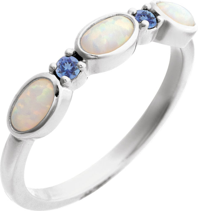 14K Gold Oval Lab-Grown White Opal & Natural Tanzanite Accented Ring - White Gold