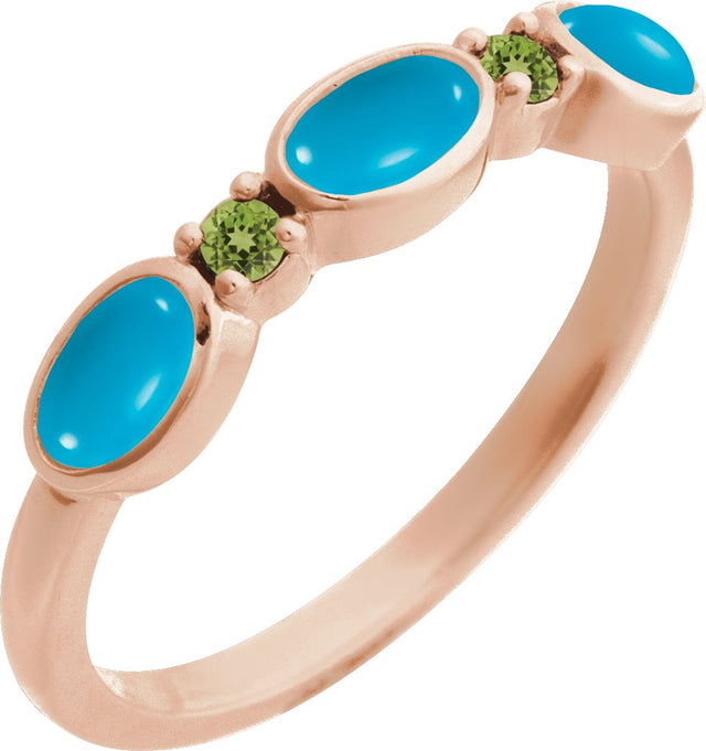 14K Gold Oval Natural Turquoise & Natural Peridot Accented Ring - Rose Gold