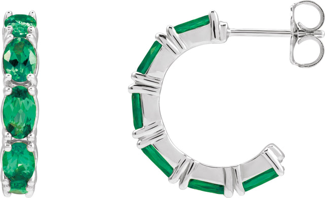 Platinum Oval Natural Emerald Accented Hoop Earrings