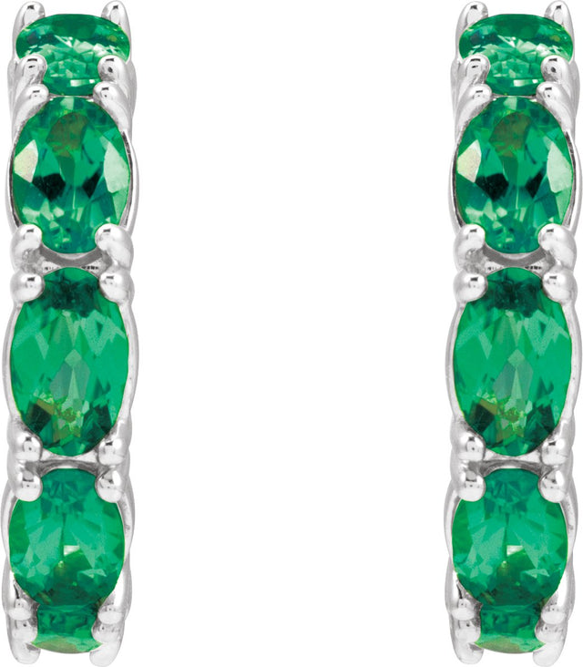 14K Gold Oval Natural Emerald Accented Hoop Earrings - White Gold - view 2