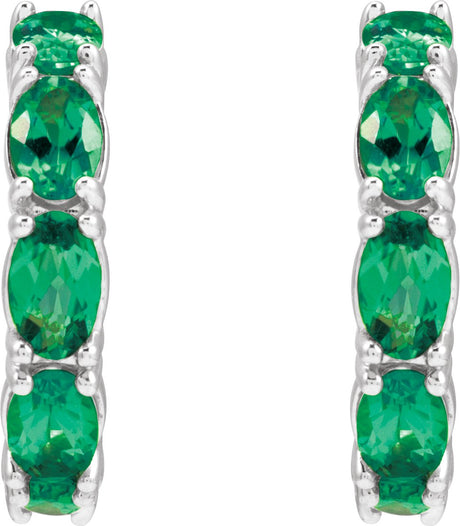 Platinum Oval Natural Emerald Accented Hoop Earrings - view 2