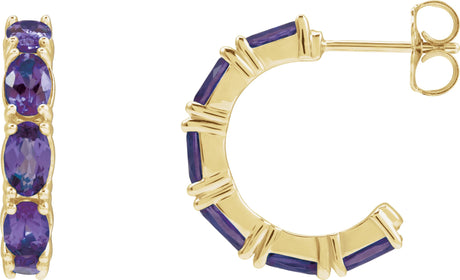 14K Gold Oval Natural Amethyst Accented Hoop Earrings - Yellow Gold