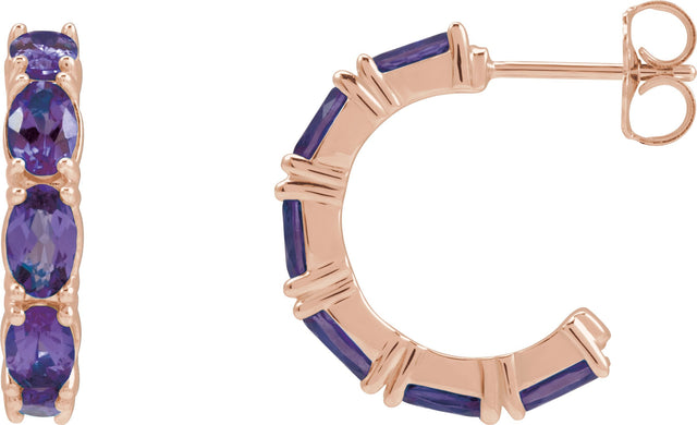 14K Gold Oval Natural Amethyst Accented Hoop Earrings - Rose Gold