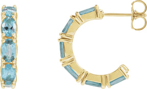 14K Gold Oval Natural Aquamarine Accented Hoop Earrings - Yellow Gold