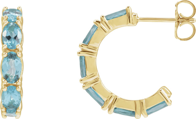 14K Gold Oval Natural Aquamarine Accented Hoop Earrings - Yellow Gold