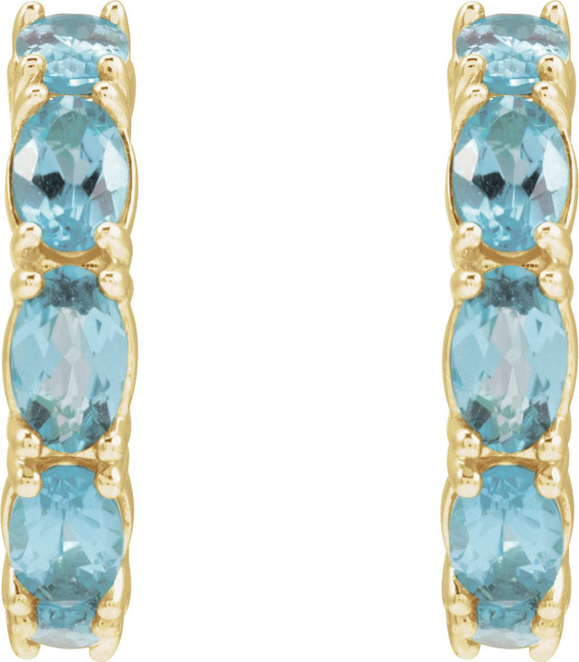 14K Gold Oval Natural Aquamarine Accented Hoop Earrings - Yellow Gold - view 2