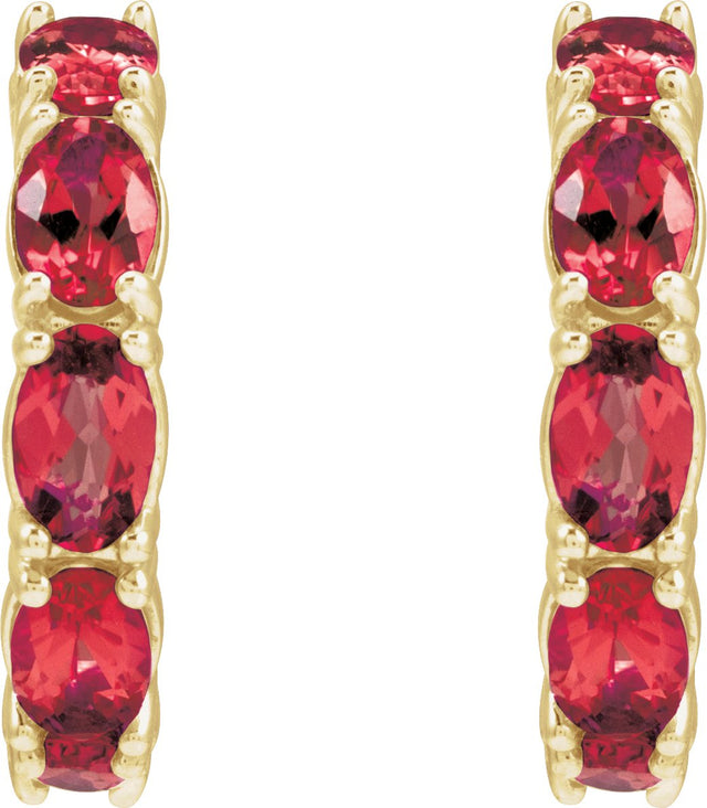 14K Gold Oval Natural Ruby Accented Hoop Earrings - Yellow Gold - view 2
