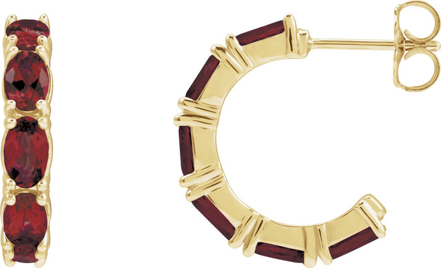 14K Gold Oval Natural Mozambique Garnet Accented Hoop Earrings - Yellow Gold