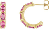 14K Gold Oval Natural Pink Tourmaline Accented Hoop Earrings - Yellow Gold