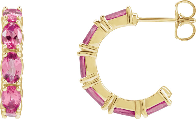 14K Gold Oval Natural Pink Tourmaline Accented Hoop Earrings - Yellow Gold