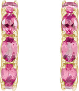 14K Gold Oval Natural Pink Tourmaline Accented Hoop Earrings - Yellow Gold - view 2