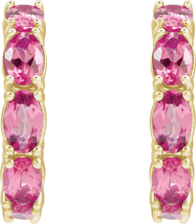 14K Gold Oval Natural Pink Tourmaline Accented Hoop Earrings - Yellow Gold - view 2