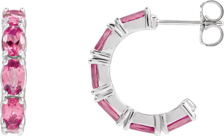 14K Gold Oval Natural Pink Tourmaline Accented Hoop Earrings - White Gold