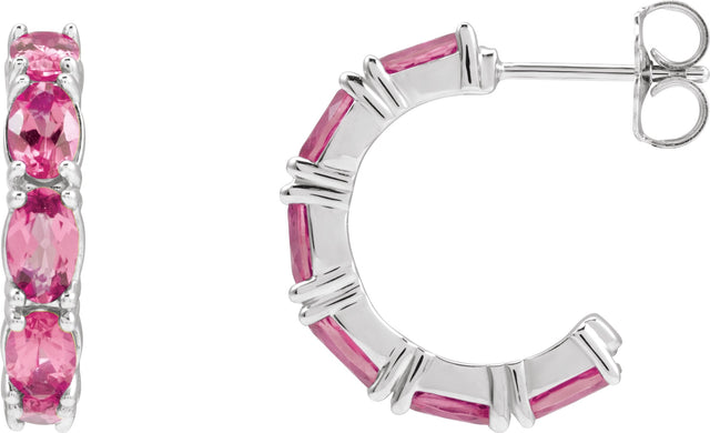 Platinum Oval Natural Pink Tourmaline Accented Hoop Earrings
