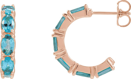 14K Gold Oval Natural Blue Zircon Accented Hoop Earrings - Rose Gold
