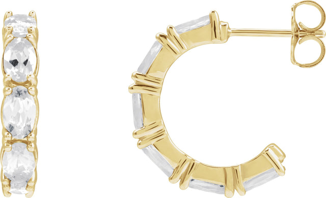 14K Gold Oval Natural White Sapphire Accented Hoop Earrings - Yellow Gold