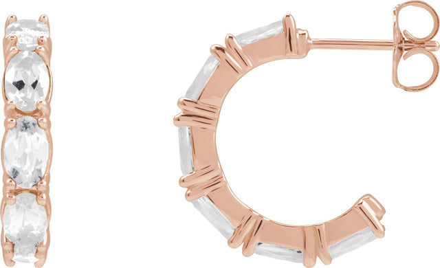 14K Gold Oval Natural White Sapphire Accented Hoop Earrings - Rose Gold