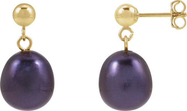 14K Gold Cultured Black Freshwater Pearl Pearl Earrings - Yellow Gold