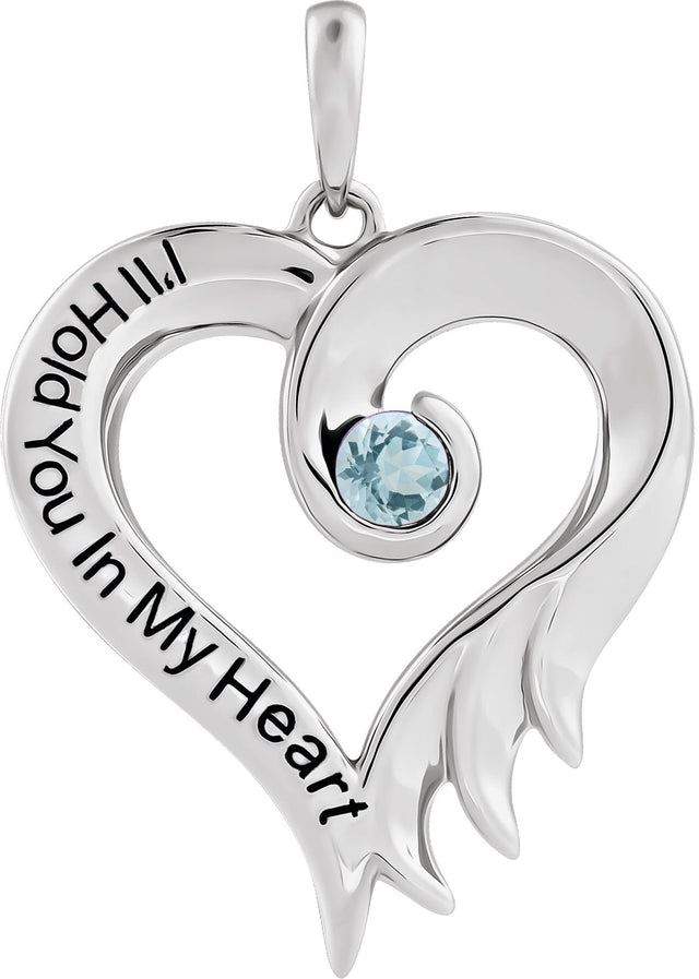 14K Gold Round Natural Aquamarine I'll Hold You In My Heart Pendant - White Gold