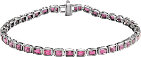 14K Gold Emerald Natural Pink Tourmaline Bezel-Set Line Bracelet - White Gold