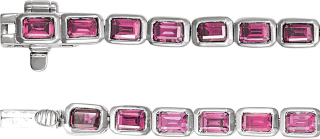 14K Gold Emerald Natural Pink Tourmaline Bezel-Set Line Bracelet - White Gold - view 3