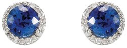 14K Gold Round Natural Blue Sapphire & Natural Diamond Halo-Style Stud Earrings - view 2