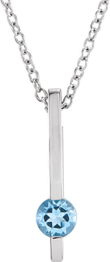 14K Gold Round Natural Aquamarine Accented Bar Necklace or Pendant