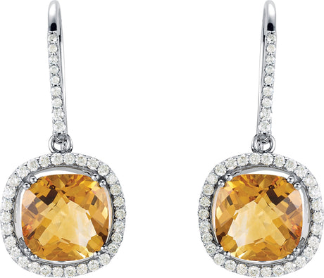 14K Gold Cushion Natural Citrine & Natural Diamond Halo-Style Earrings - view 2