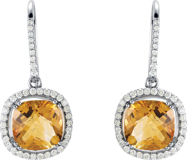14K Gold Cushion Natural Citrine & Natural Diamond Halo-Style Earrings - view 2