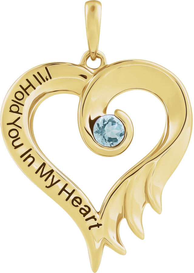 14K Gold Round Natural Aquamarine I'll Hold You In My Heart Pendant - Yellow Gold