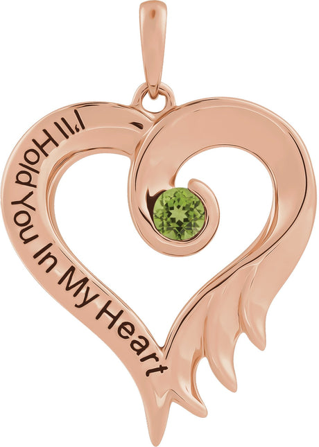 14K Gold Round Natural Peridot I'll Hold You In My Heart Pendant - Rose Gold