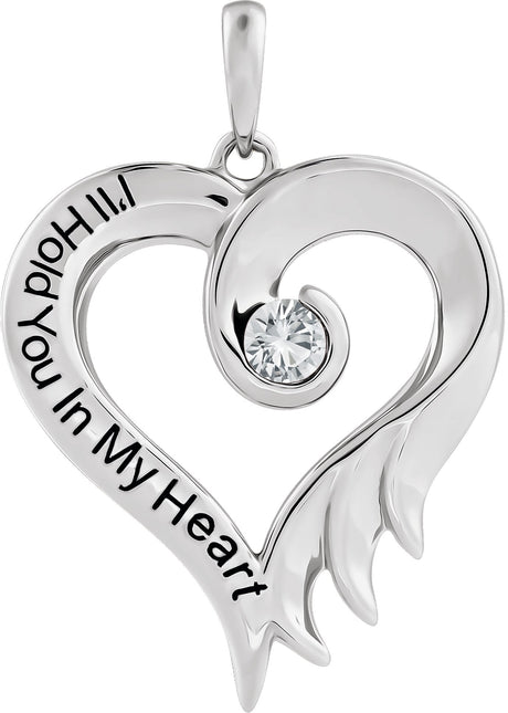 14K Gold Round Lab-Grown White Sapphire I'll Hold You In My Heart Pendant - White Gold