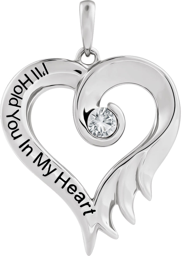 14K Gold Round Lab-Grown White Sapphire I'll Hold You In My Heart Pendant - White Gold