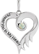 14K Gold Round Lab-Grown White Opal I'll Hold You In My Heart Pendant - White Gold