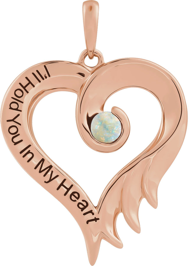 14K Gold Round Lab-Grown White Opal I'll Hold You In My Heart Pendant - Rose Gold