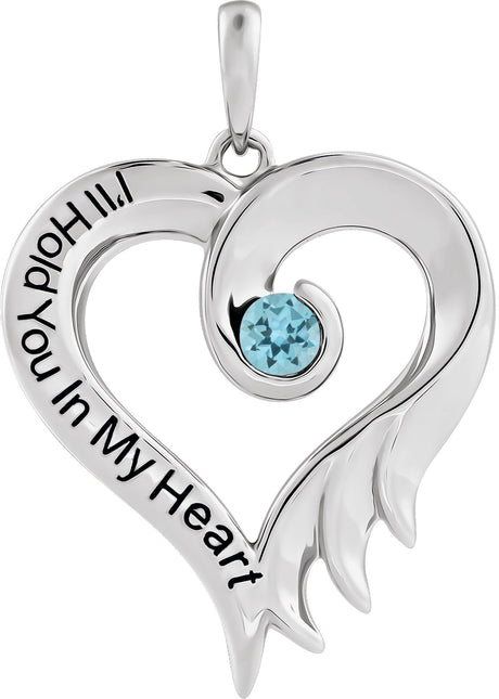 14K Gold Round Natural Blue Topaz I'll Hold You In My Heart Pendant - White Gold