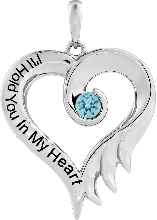 14K Gold Round Natural Blue Topaz I'll Hold You In My Heart Pendant - White Gold