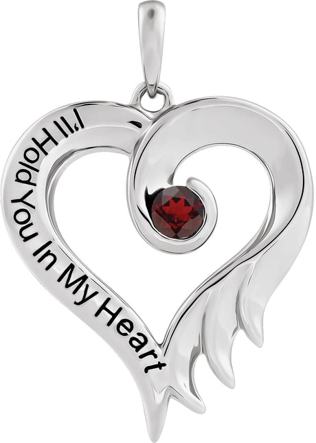 14K Gold Round Natural Mozambique Garnet I'll Hold You In My Heart Pendant - White Gold