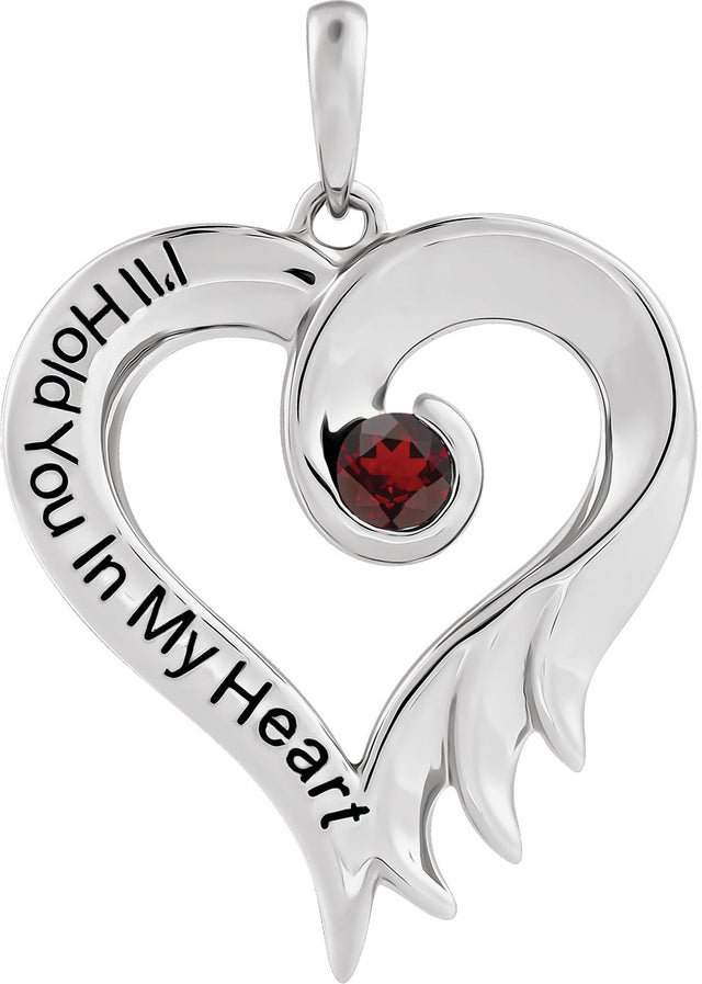 14K Gold Round Natural Mozambique Garnet I'll Hold You In My Heart Pendant - White Gold
