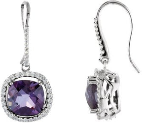 14K Gold Cushion Natural Amethyst & Natural Diamond Halo-Style Earrings
